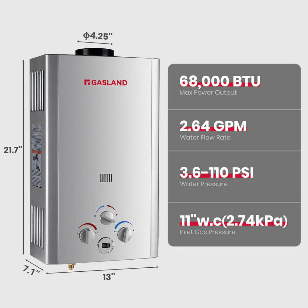 GASLAND 2.64GPM 10L 68,000BTU Portable Tankless Digital Screen Propane Gas Water Heater