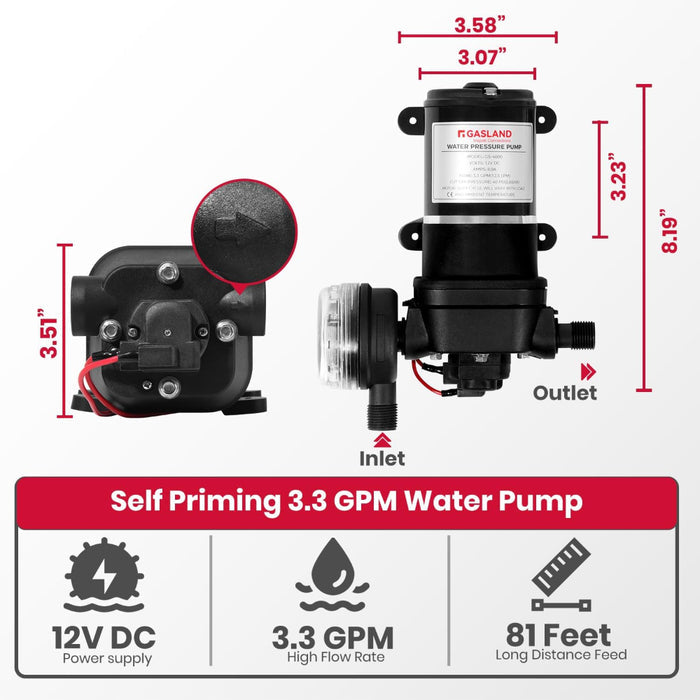 GASALND 3.3GPM 12V DC 40PSI Water Pressure Pump Kit