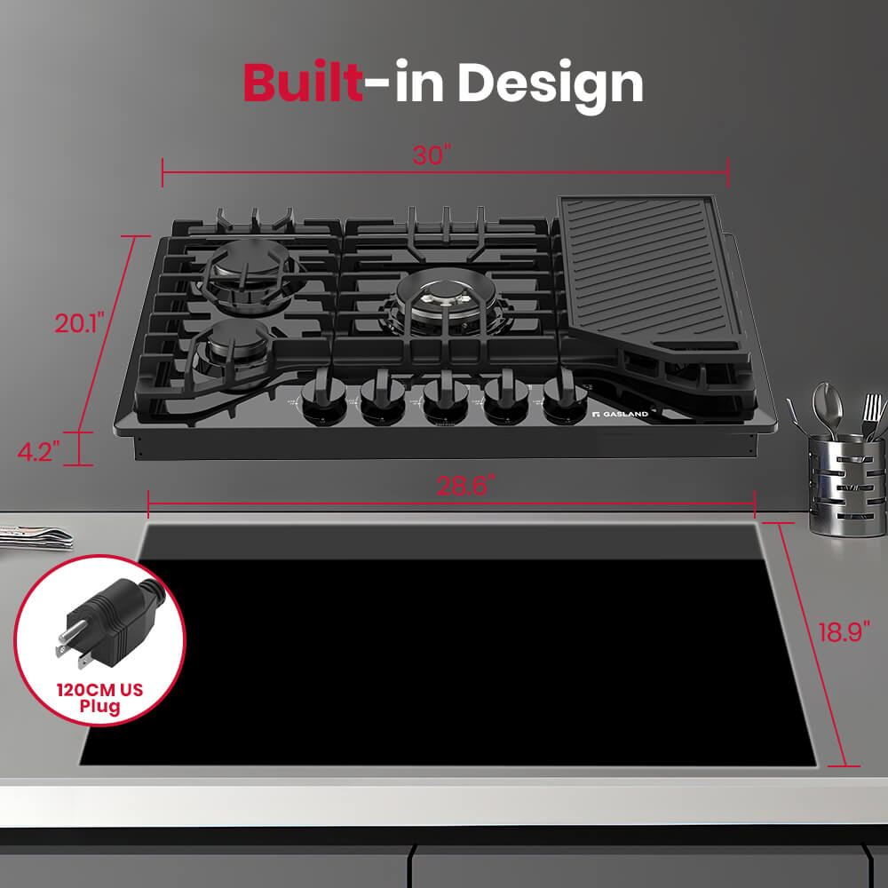 GASLAND 30 Inch 5 Burner Black Enamel Gas Cooktop with Reversible Grill/Griddle