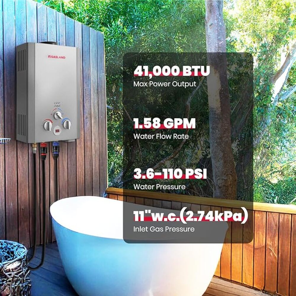 GASLAND 1.58GPM 6L 41,000BTU Portable Tankless Digital Screen Propane Gas Water Heater