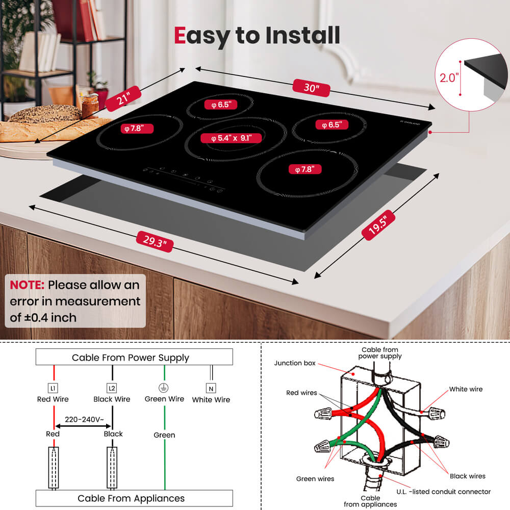 GASLAND 30 Inch 5 Burner Dual-Ring Element Sensor Touch Radiant Ceramic Cooktop