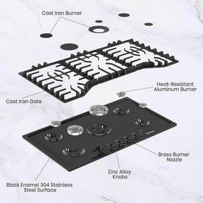 GASLAND 36 Inch 5 Burner Black Enamel Gas Cooktop