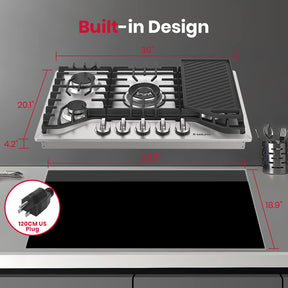 30 Inch 5 Burner Stainless Steel Gas Cooktop with Griddle